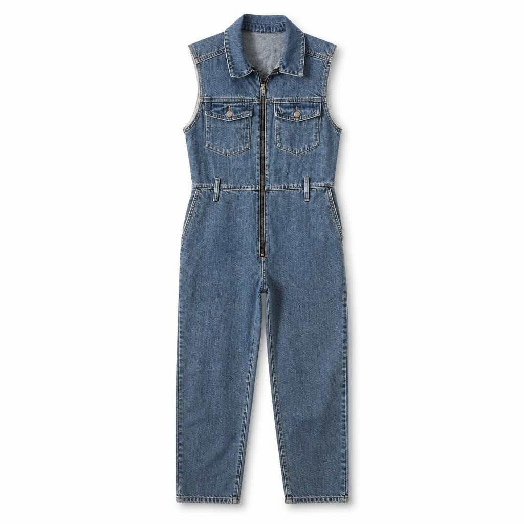 Denim sleeveless zip-up jumpsuit, blue, M - white studio shot, second-hand at Why Go Less, Dekwaneh, Lebanon