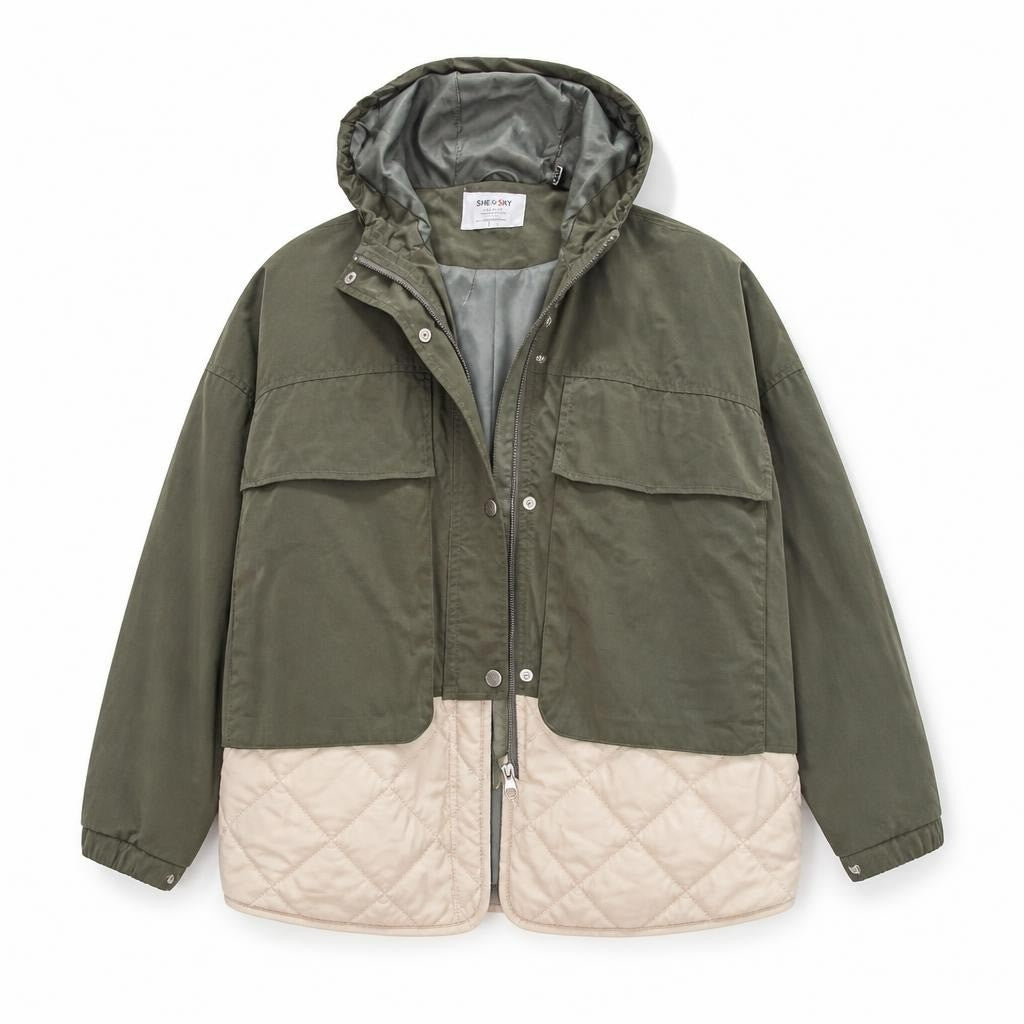 Khaki quilted two-tone hooded vest/jacket, SHEIN - white studio shot, second-hand at Why Go Less, Dekwaneh, Lebanon