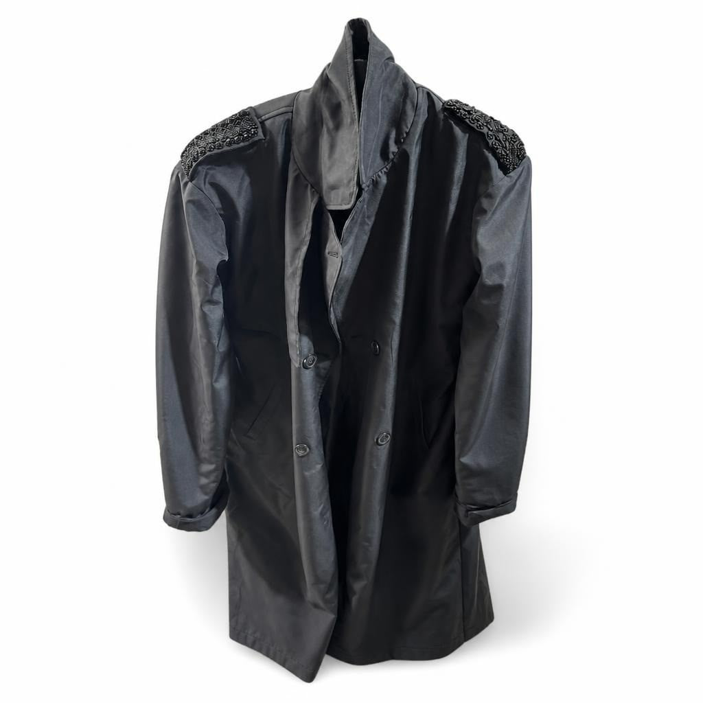 Black satin double-breasted coat, beaded shoulders - white studio shot, second-hand at Why Go Less, Dekwaneh, Lebanon