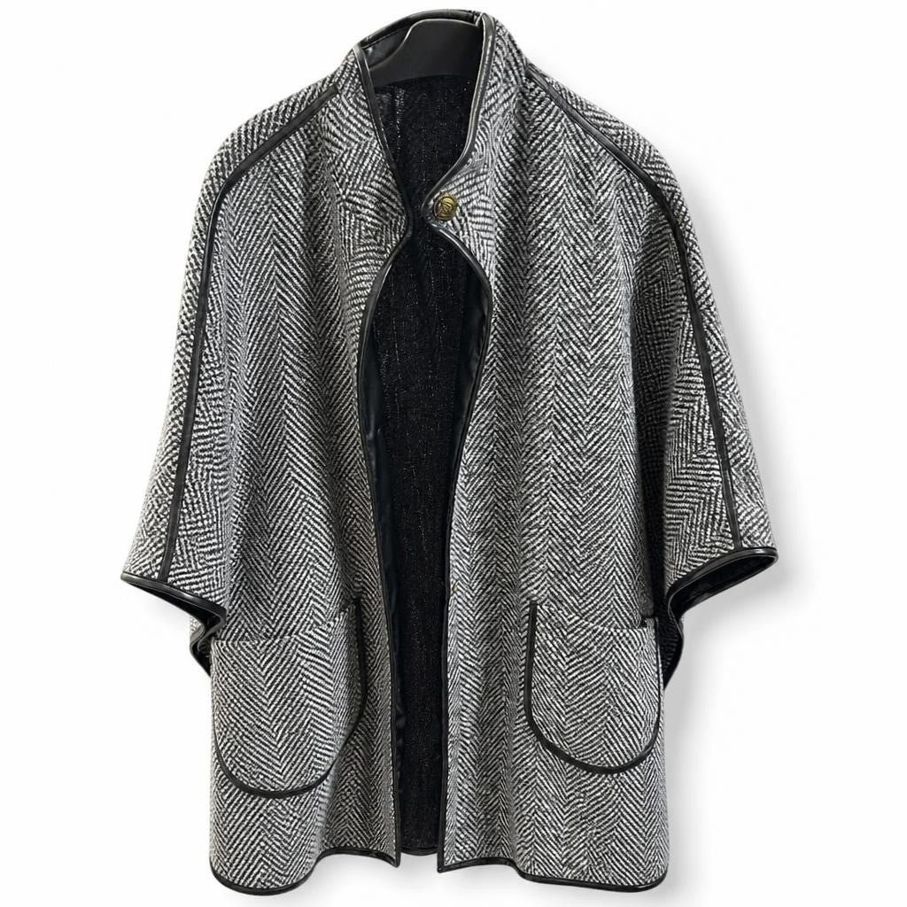 Herringbone grey cape coat with leather trim & buttons - white studio shot, second-hand at Why Go Less, Dekwaneh, Lebanon