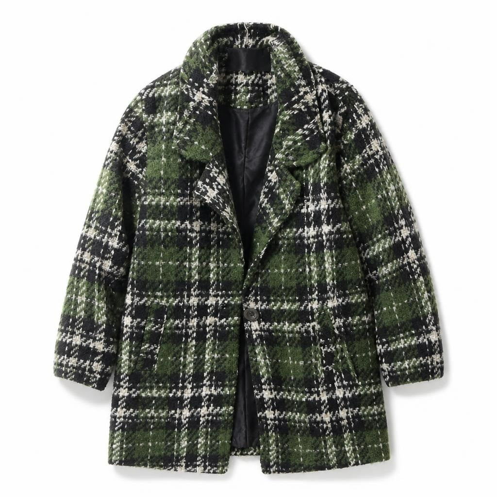 Green plaid wool-blend oversized coat - white studio shot, second-hand at Why Go Less, Dekwaneh, Lebanon