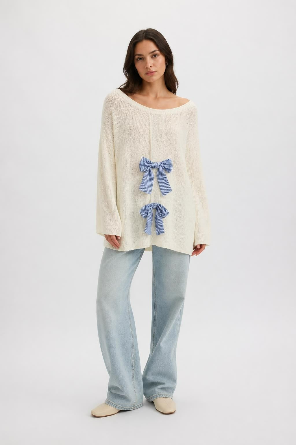 Cream Ribbed Knit Top With Blue Striped Bows | Pre-Loved | Why Go Less