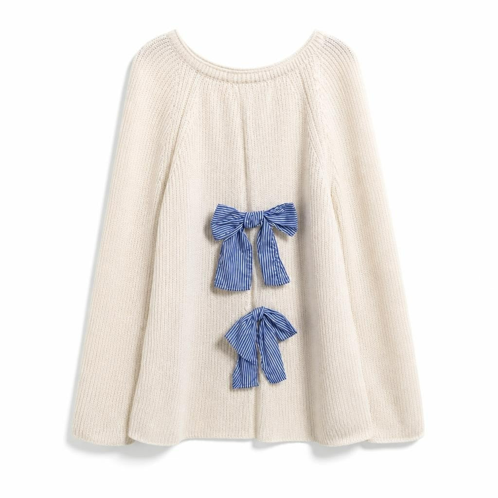 Cream ribbed knit top with blue striped bows - white studio shot, second-hand at Why Go Less, Dekwaneh, Lebanon