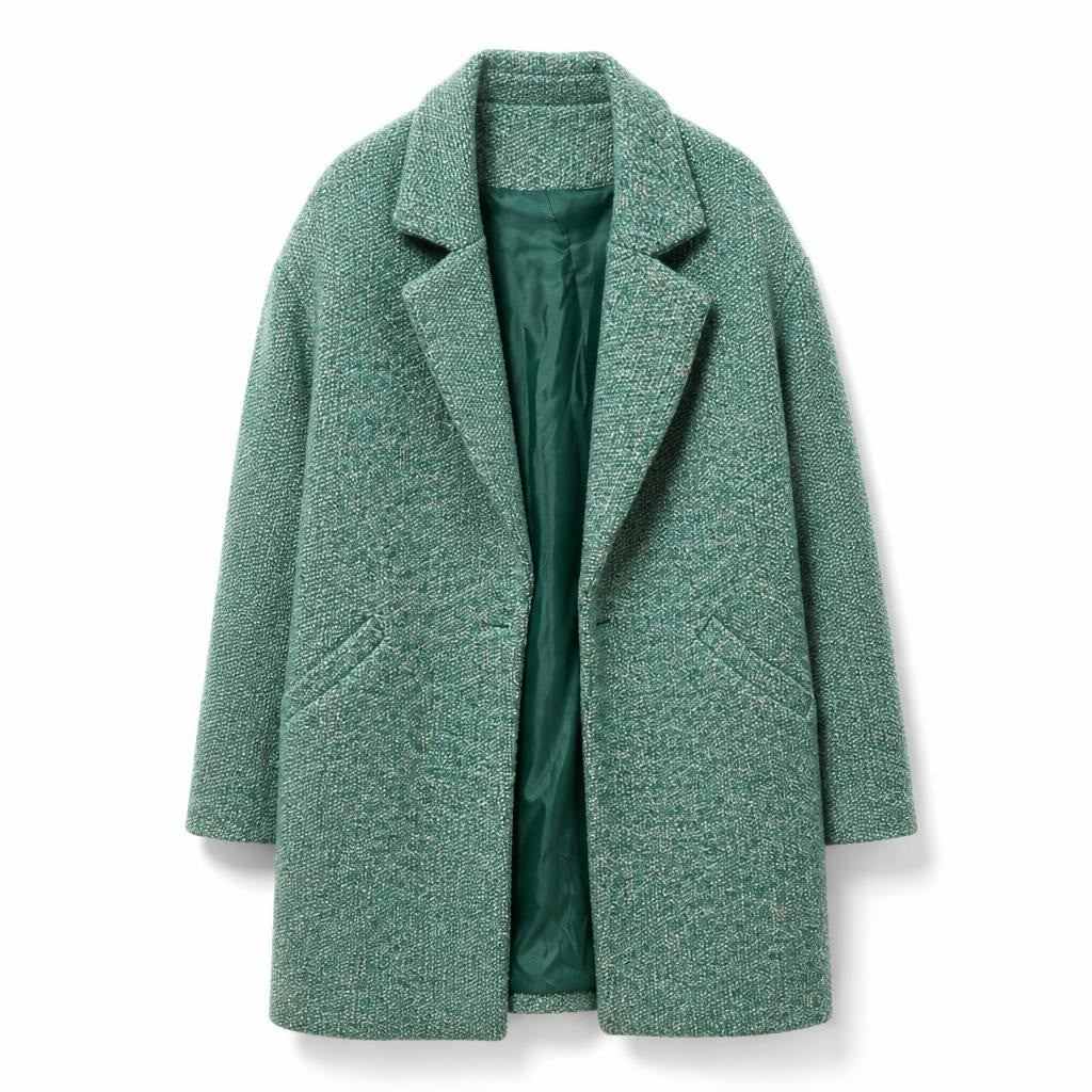 Robin green tweed open-front coat with lining - white studio shot, second-hand at Why Go Less, Dekwaneh, Lebanon