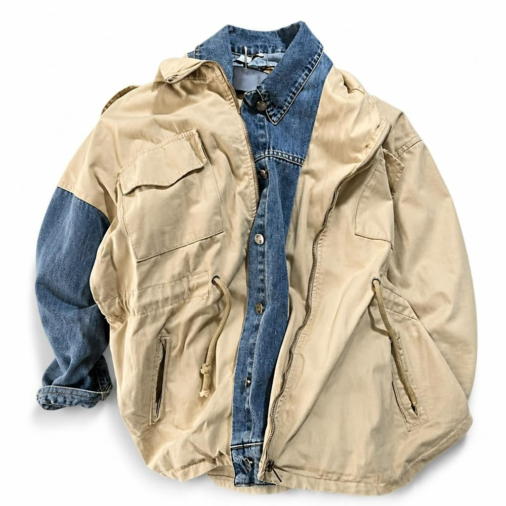 Beige cargo jacket over denim shirt, unbranded - white studio shot, second-hand at Why Go Less, Dekwaneh, Lebanon