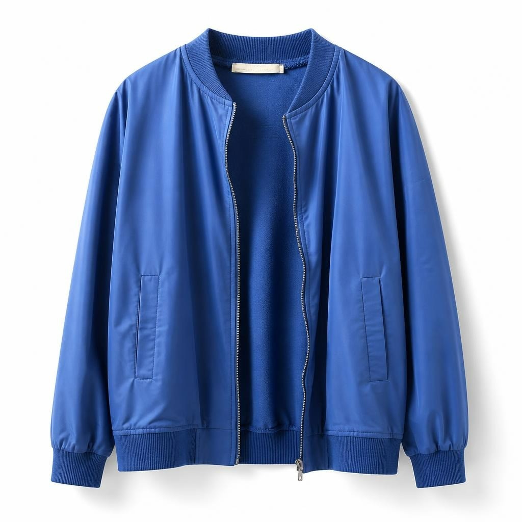 Blue satin bomber jacket, brand tag present - white studio shot, second-hand at Why Go Less, Dekwaneh, Lebanon