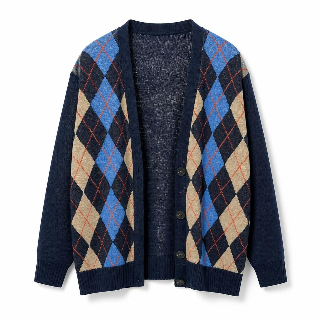 Twenty7 argyle navy blue knit cardigan - white studio shot, second-hand at Why Go Less, Dekwaneh, Lebanon