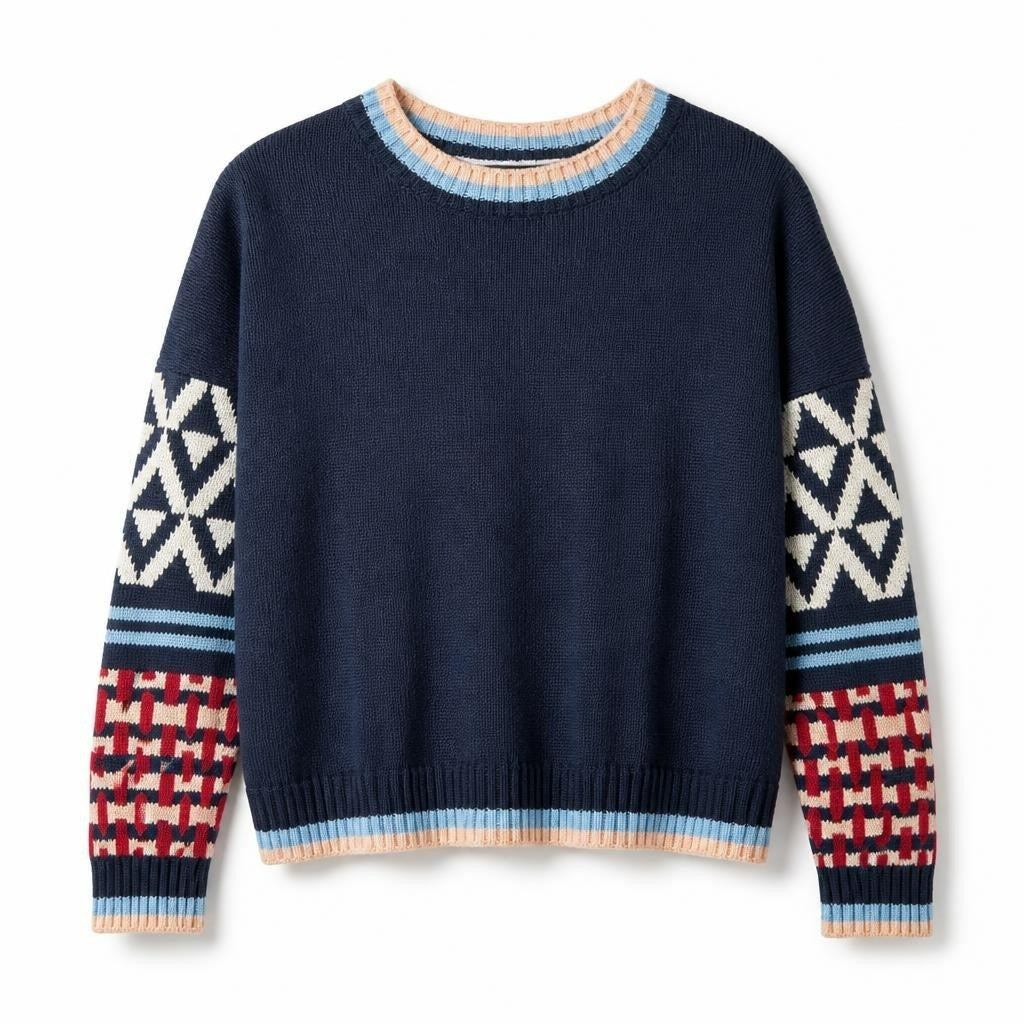 Navy patterned knit sweater geometric sleeves - white studio shot, second-hand at Why Go Less, Dekwaneh, Lebanon