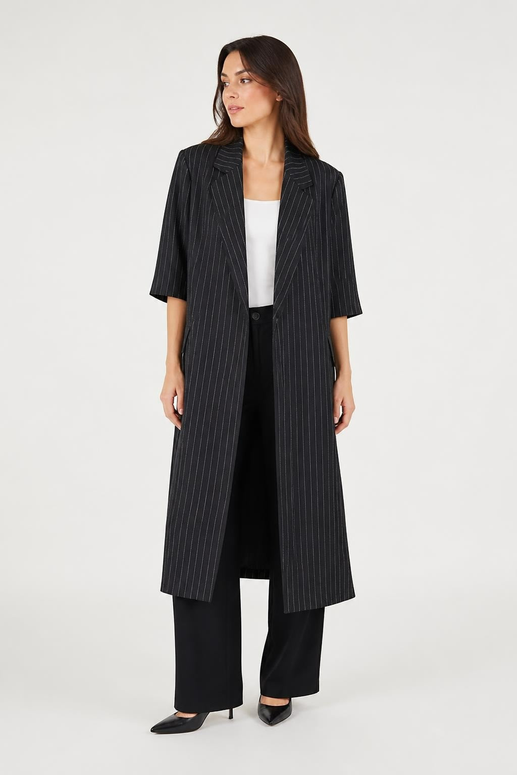 Say Black Pinstripe Long Blazer Duster Coat | Pre-Loved | Why Go Less