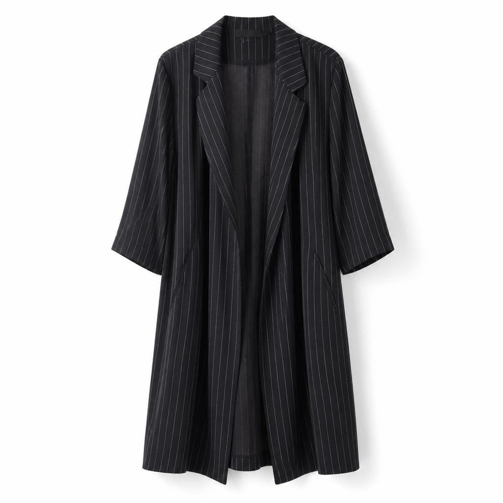 Say black pinstripe long blazer duster coat - white studio shot, second-hand at Why Go Less, Dekwaneh, Lebanon