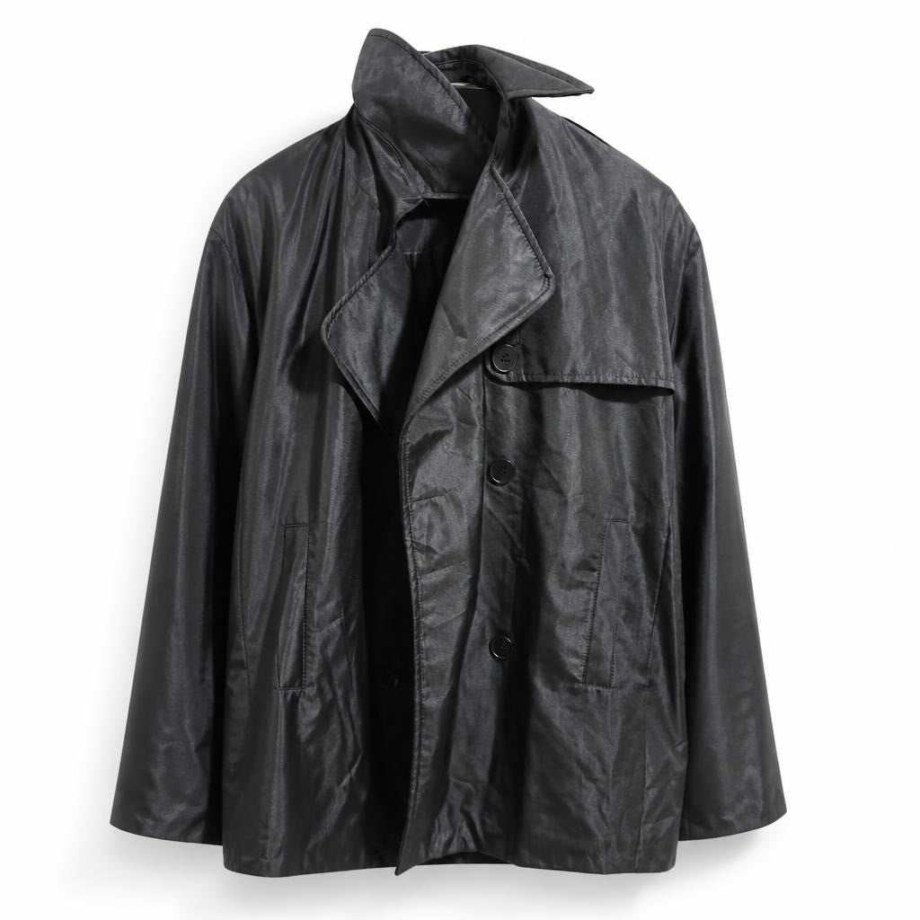 Black satin utility jacket with buttons - white studio shot, second-hand at Why Go Less, Dekwaneh, Lebanon