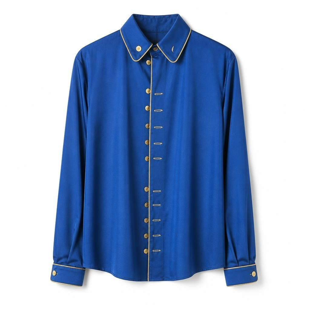 Royal blue military-style shirt, gold buttons & trim - white studio shot, second-hand at Why Go Less, Dekwaneh, Lebanon