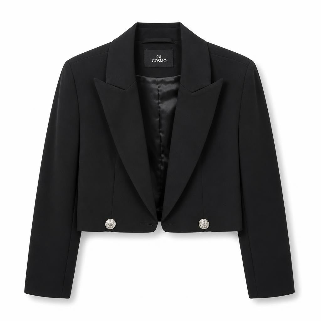 Cosmo black cropped blazer, gold buttons - white studio shot, second-hand at Why Go Less, Dekwaneh, Lebanon
