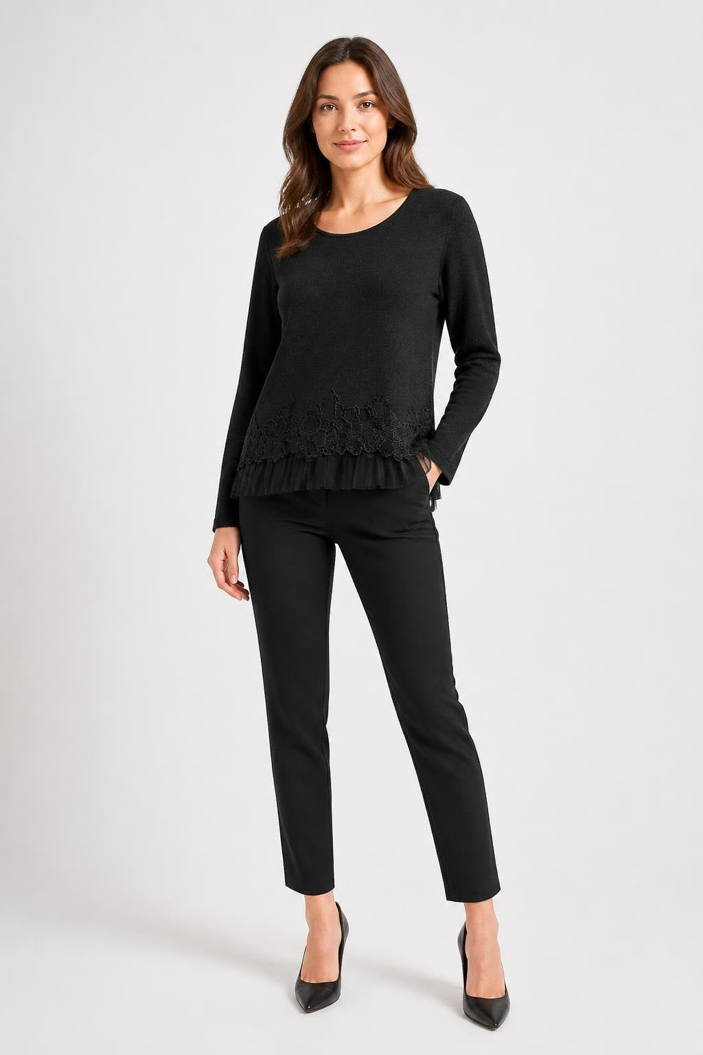 Black Shimmer Knit Top With Lace and Pleated Hem | Pre-Loved | Why Go Less