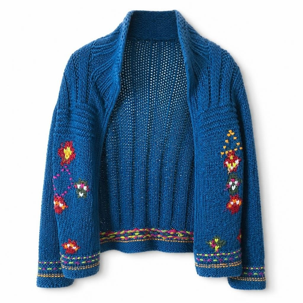 Blue hand-knit cardigan, multicolor floral embroidery - white studio shot, second-hand at Why Go Less, Dekwaneh, Lebanon