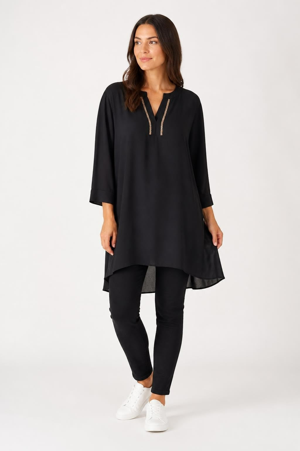 Black V-Neck Tunic Blouse With Colorful Stitch Trim | Pre-Loved | Why Go Less