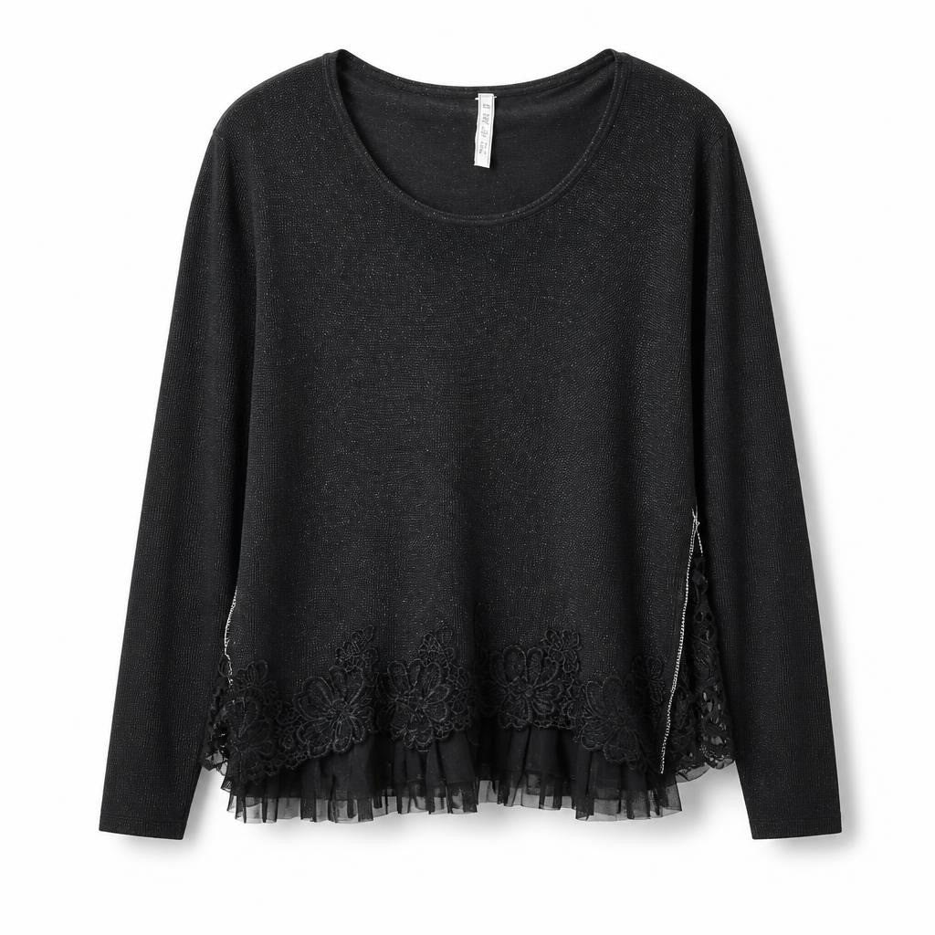 Black shimmer knit top, lace & pleated hem - white studio shot, second-hand at Why Go Less, Dekwaneh, Lebanon