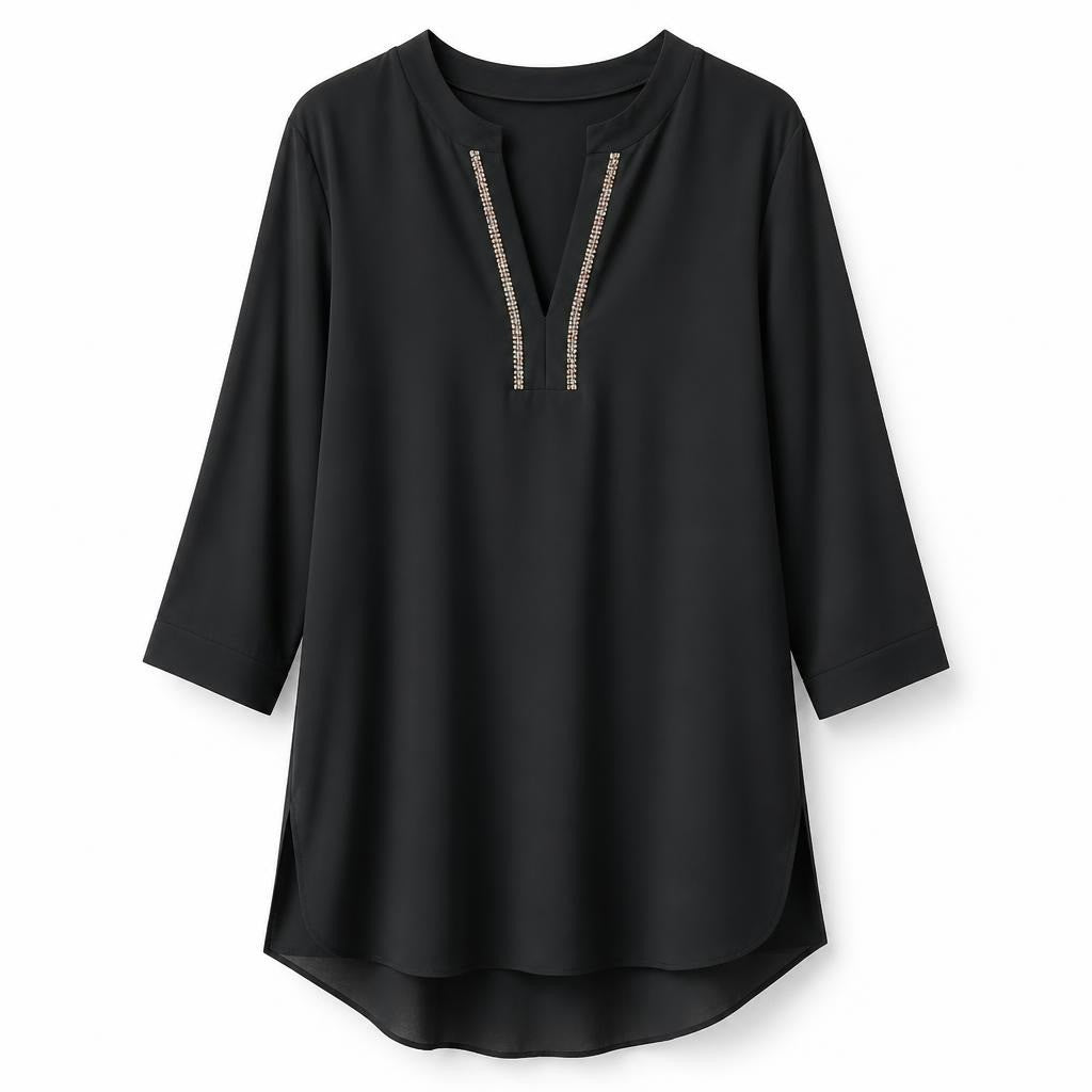 Black tunic blouse, V-neck with colorful stitch trim - white studio shot, second-hand at Why Go Less, Dekwaneh, Lebanon