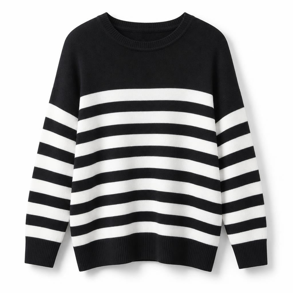 Black & white striped knit crewneck sweater - white studio shot, second-hand at Why Go Less, Dekwaneh, Lebanon