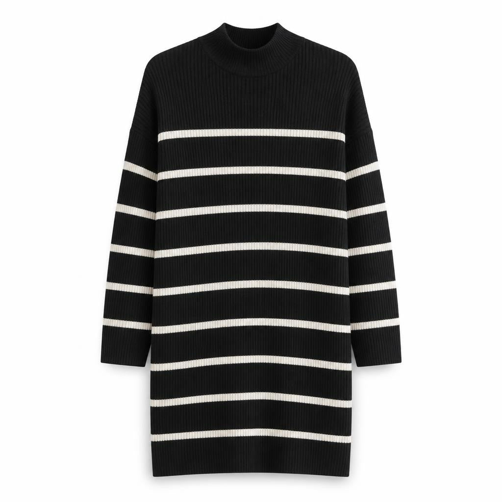 Black & white striped ribbed turtleneck sweater - white studio shot, second-hand at Why Go Less, Dekwaneh, Lebanon