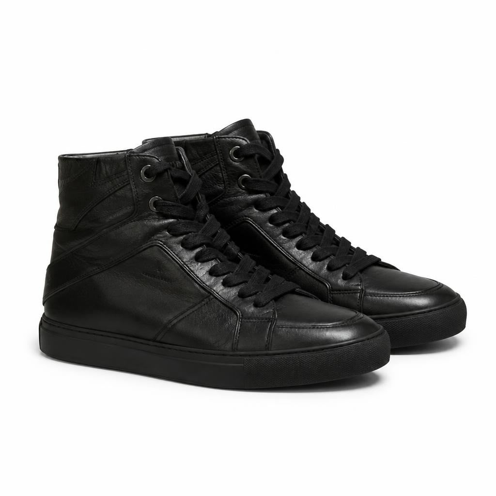 Black leather high-top sneakers, all-black sole - white studio shot, second-hand at Why Go Less, Dekwaneh, Lebanon
