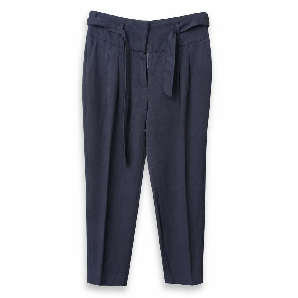Navy blue belted pleated trousers, smart casual - white studio shot, second-hand at Why Go Less, Dekwaneh, Lebanon