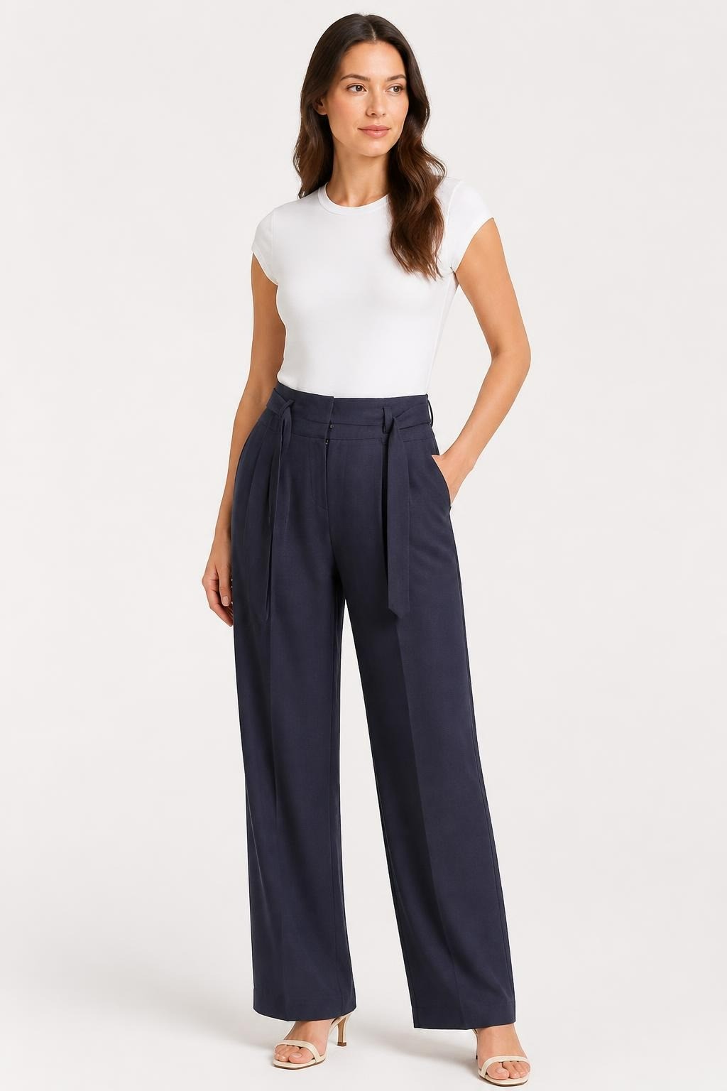 Navy Blue Belted Pleated Trousers, Smart Casual | Pre-Loved | Why Go Less