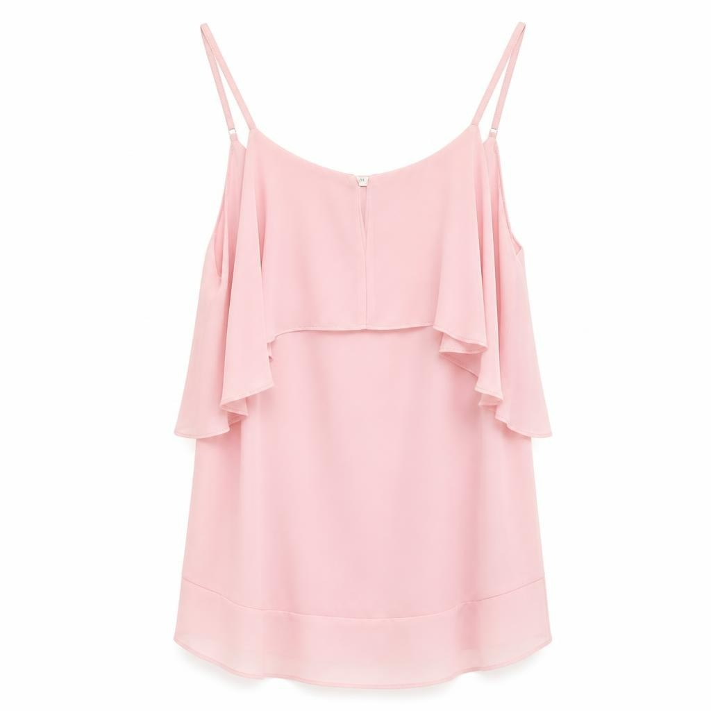 Silvian Heach pink cold-shoulder ruffle top, NWT - white studio shot, second-hand at Why Go Less, Dekwaneh, Lebanon