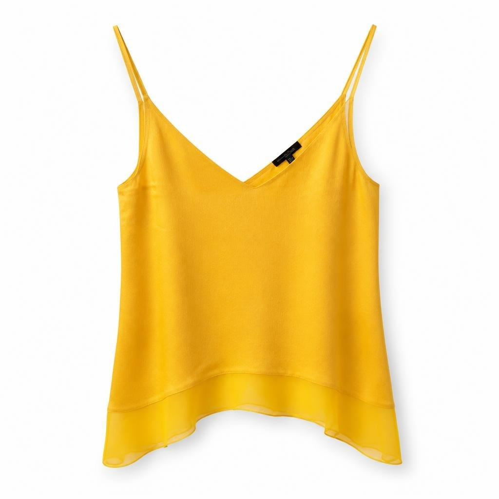 Yellow chiffon V-neck cami top, Lina Pink hanger - white studio shot, second-hand at Why Go Less, Dekwaneh, Lebanon