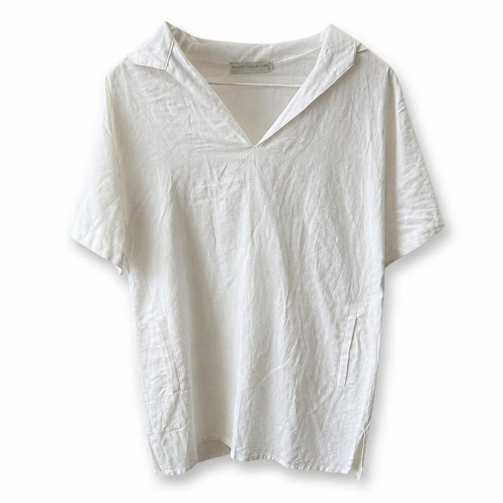 Mudo Collection white linen V-neck short sleeve top - white studio shot, second-hand at Why Go Less, Dekwaneh, Lebanon