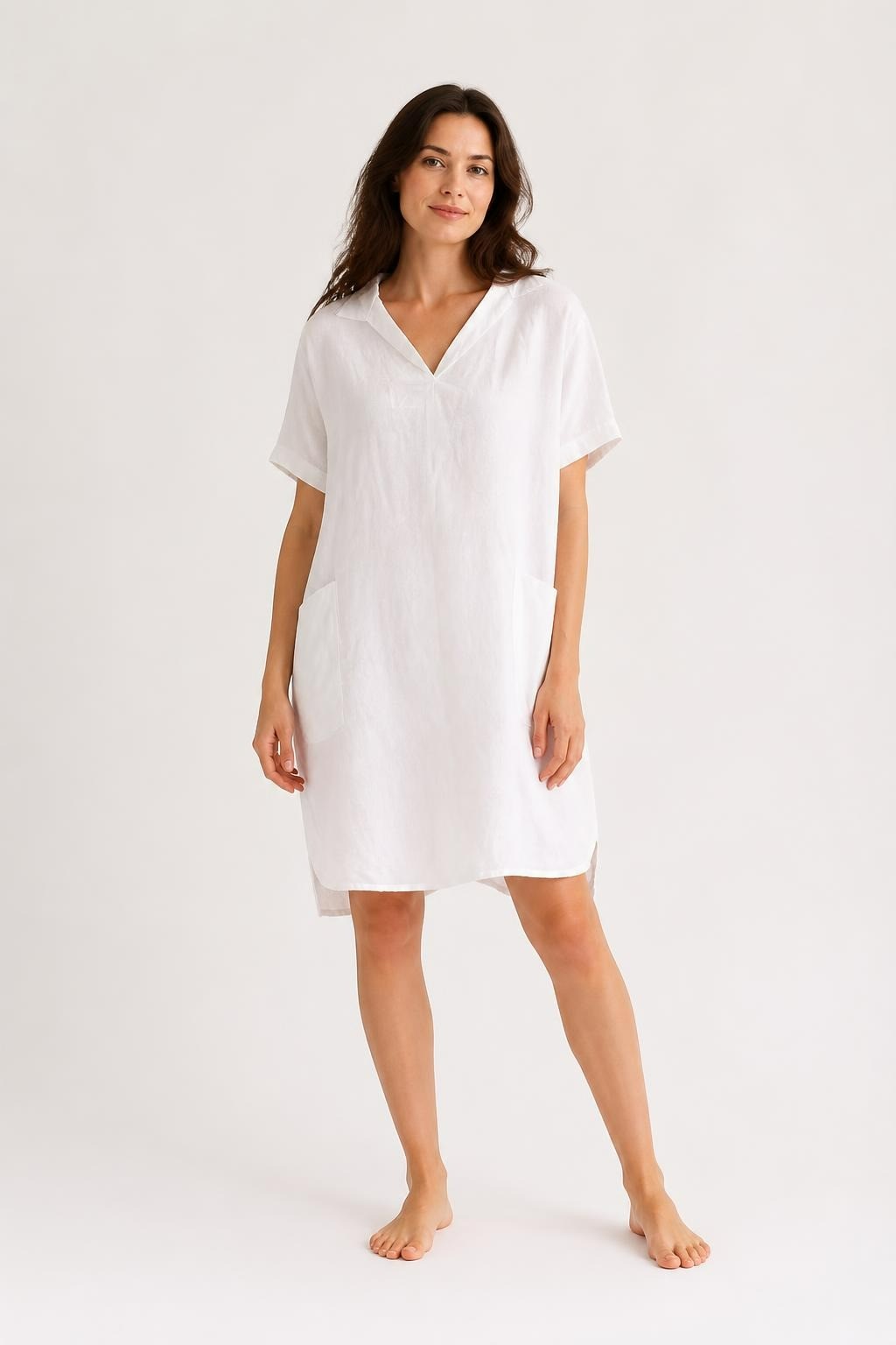 Mudo Collection White Linen V-Neck Short Sleeve Top | Pre-Loved | Why Go Less