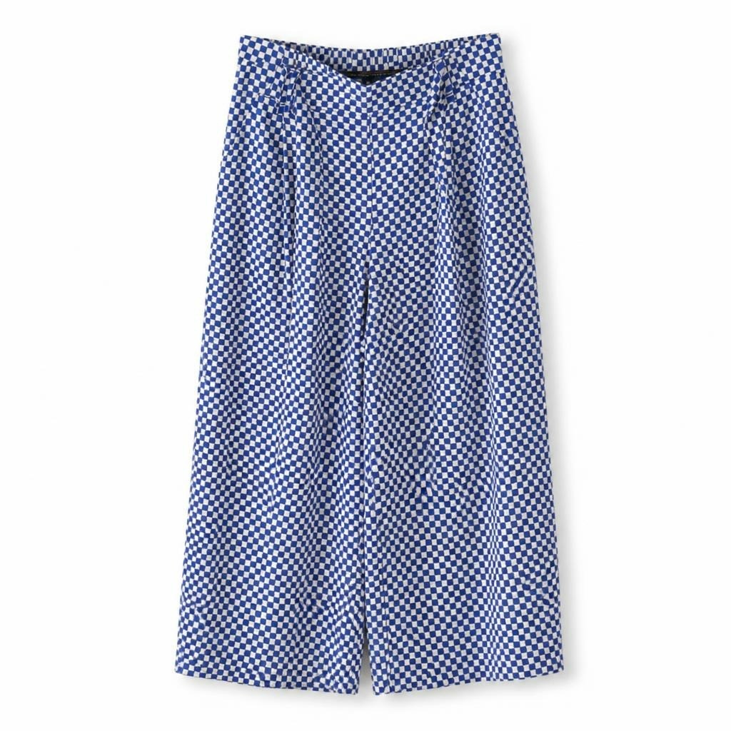Blue white checkerboard wide-leg culottes, bold print - white studio shot, second-hand at Why Go Less, Dekwaneh, Lebanon