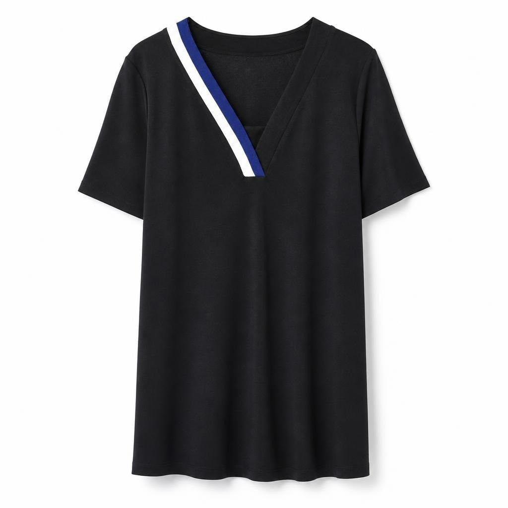 Second Bare black V-neck stripe trim top - white studio shot, second-hand at Why Go Less, Dekwaneh, Lebanon