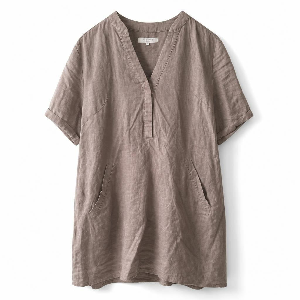 Beige linen V-neck relaxed short sleeve top - white studio shot, second-hand at Why Go Less, Dekwaneh, Lebanon