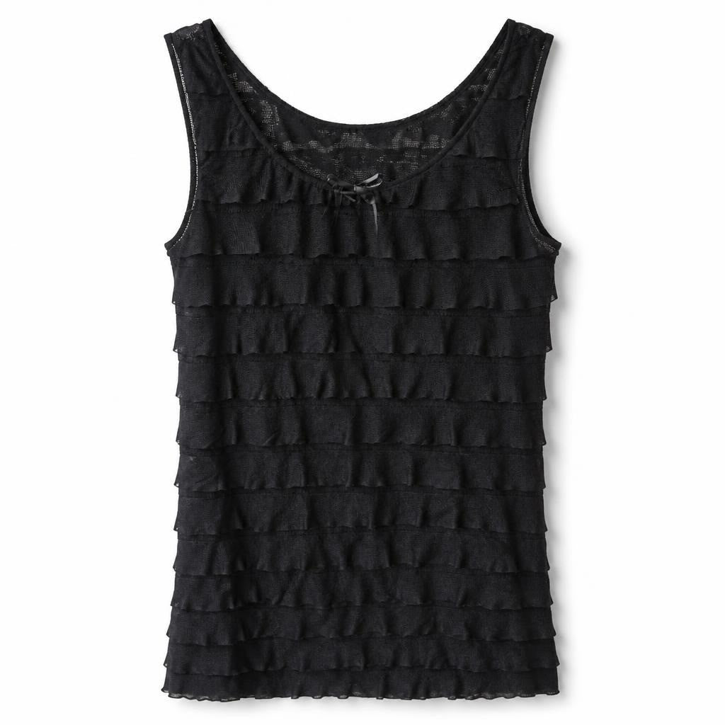 Join Clothes black ruffle tiered sleeveless top - white studio shot, second-hand at Why Go Less, Dekwaneh, Lebanon