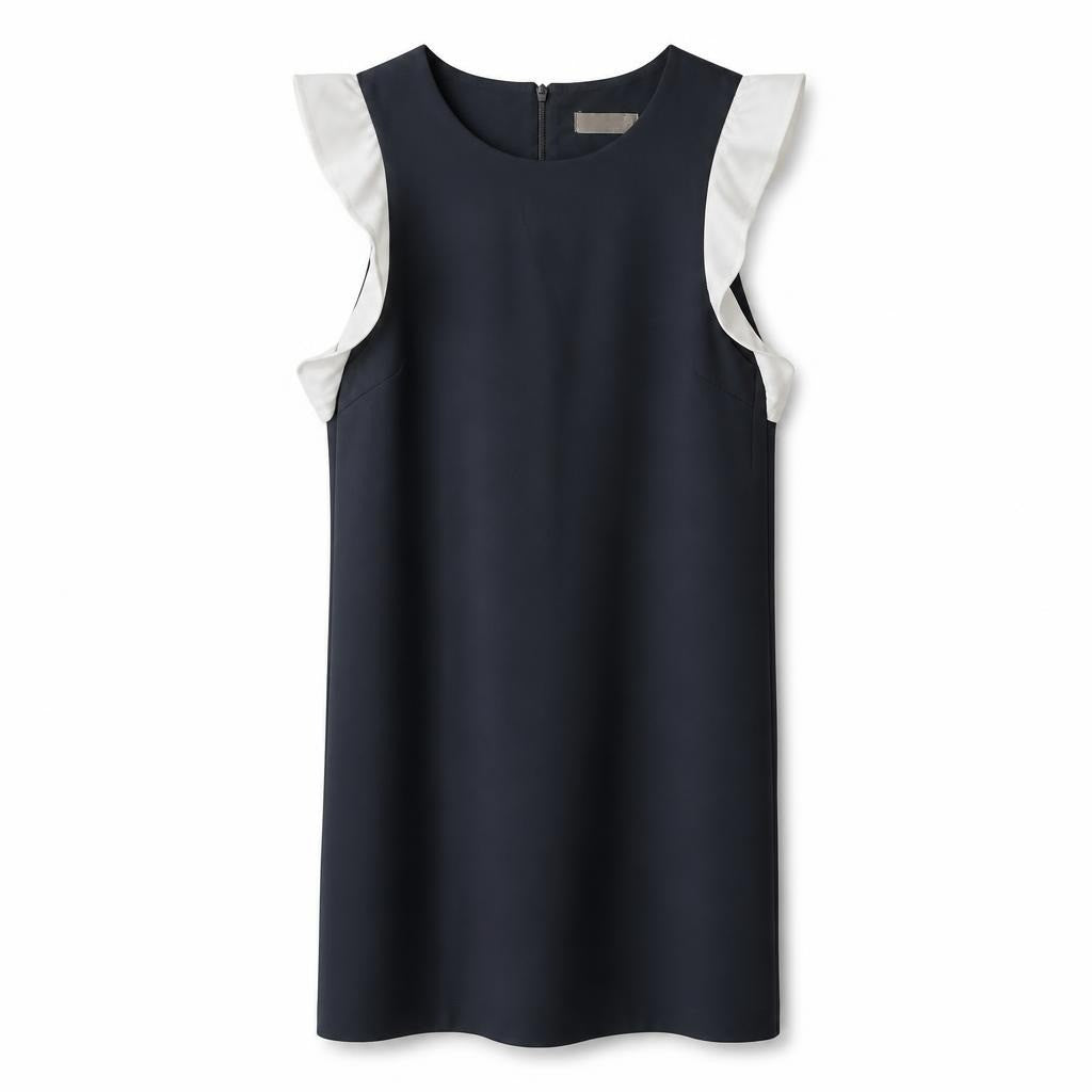 Black sleeveless shift dress white ruffle sleeves - white studio shot, second-hand at Why Go Less, Dekwaneh, Lebanon