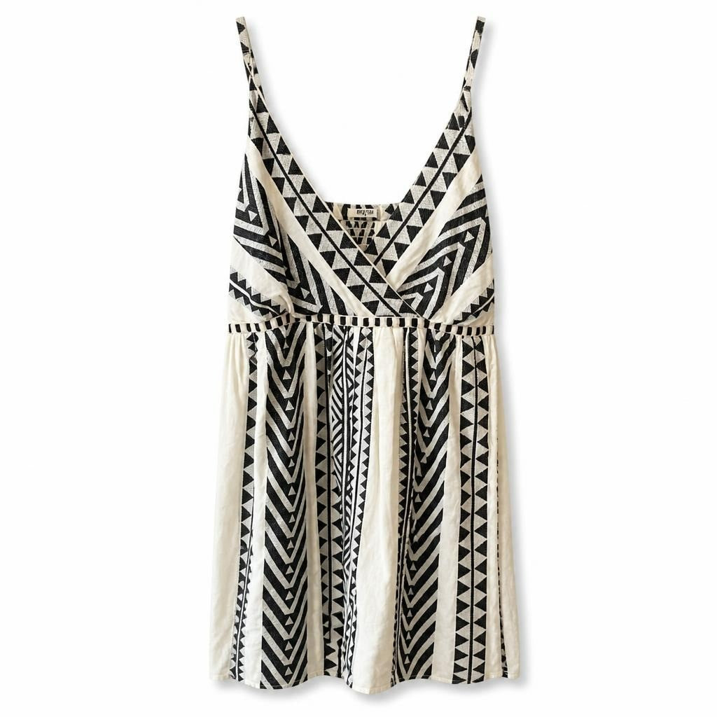 Moolettas black white aztec spaghetti strap dress - white studio shot, second-hand at Why Go Less, Dekwaneh, Lebanon