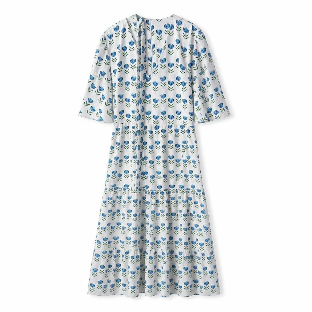 White blue floral tiered midi dress, boho - white studio shot, second-hand at Why Go Less, Dekwaneh, Lebanon
