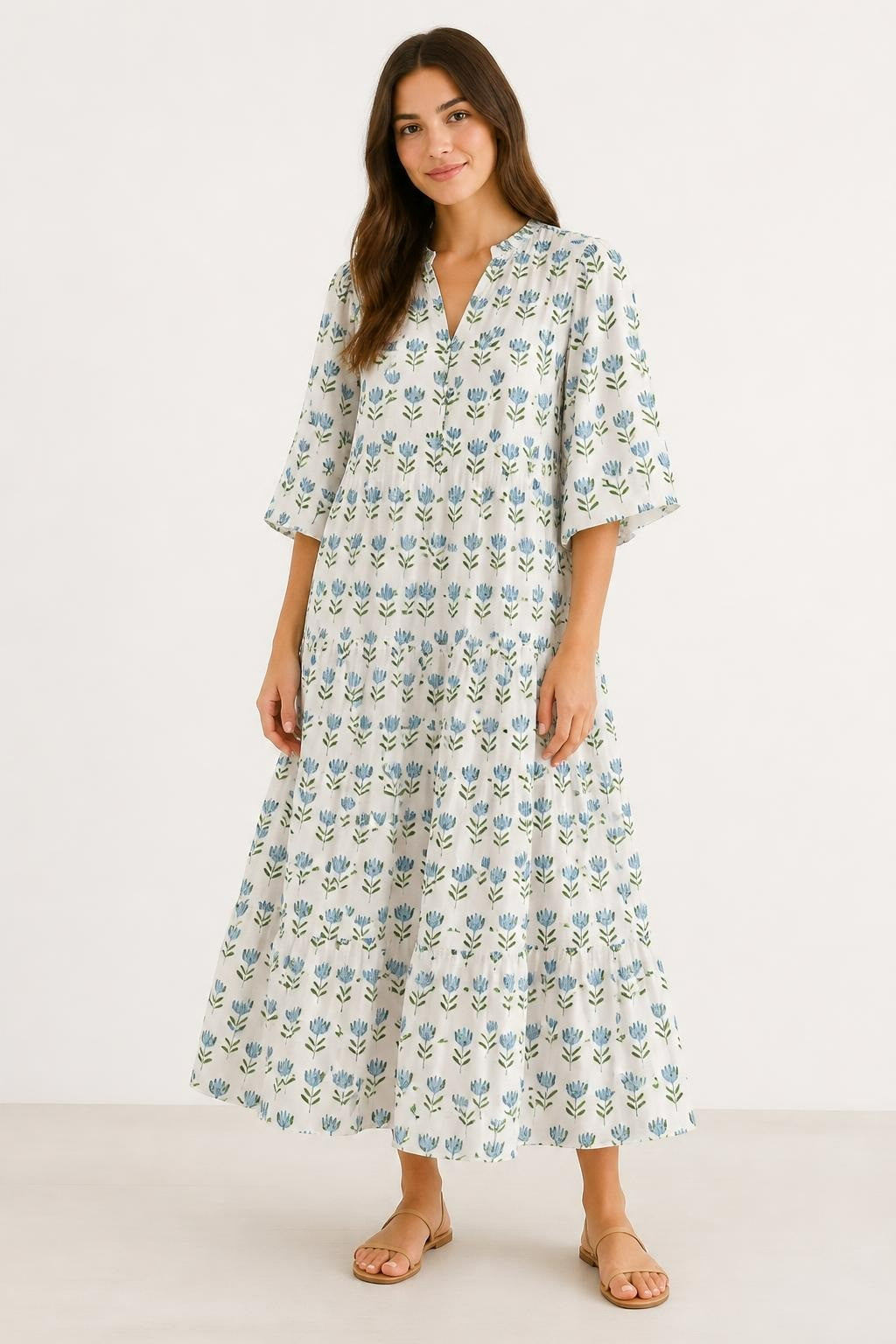 White Blue Floral Tiered Midi Dress, Boho | Pre-Loved | Why Go Less
