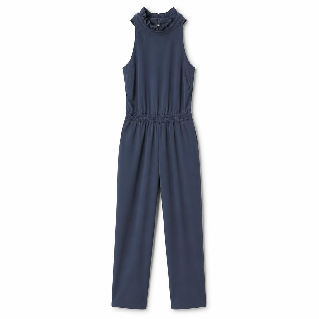 Navy blue sleeveless jumpsuit elastic waist - white studio shot, second-hand at Why Go Less, Dekwaneh, Lebanon