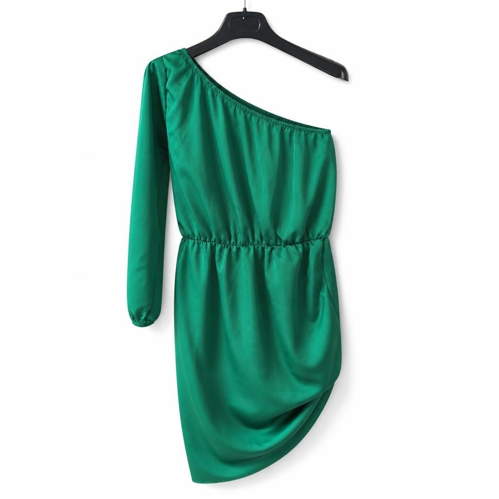 Green one-shoulder long sleeve mini dress - white studio shot, second-hand at Why Go Less, Dekwaneh, Lebanon