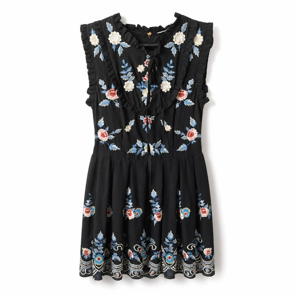 Black floral embroidered ruffle mini dress - white studio shot, second-hand at Why Go Less, Dekwaneh, Lebanon