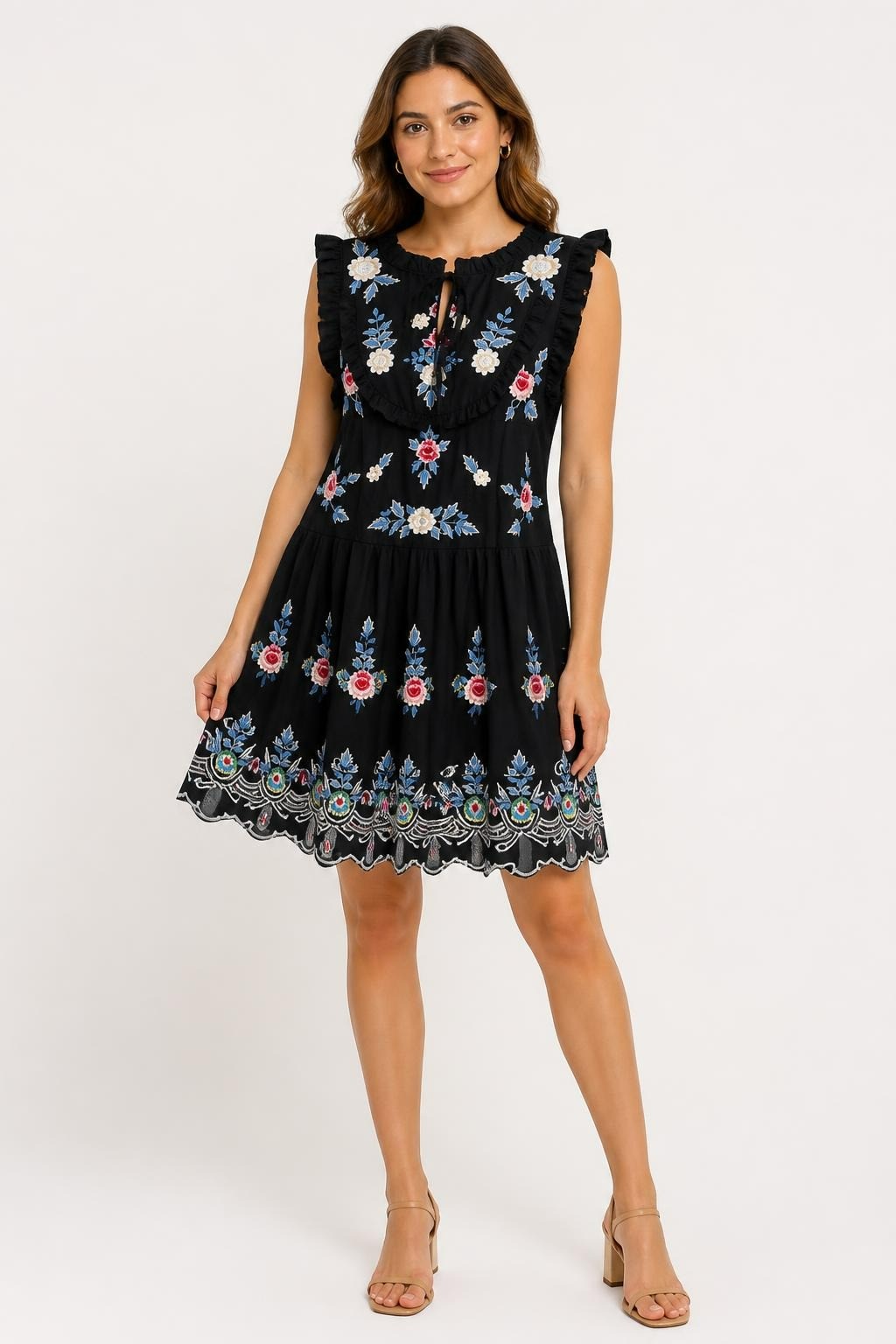Black Floral Embroidered Ruffle Mini Dress | Pre-Loved | Why Go Less