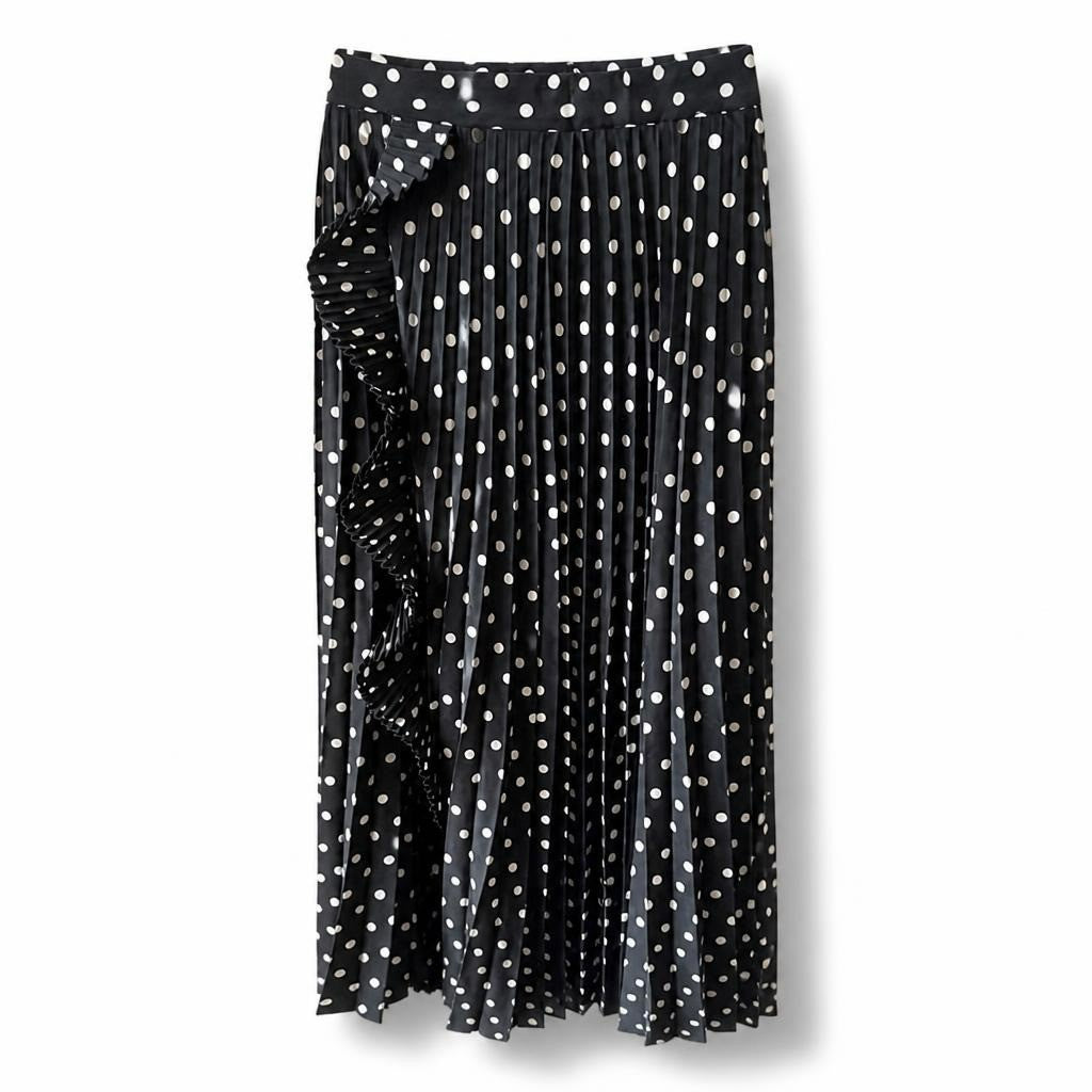 Black white polka dot pleated midi skirt - white studio shot, second-hand at Why Go Less, Dekwaneh, Lebanon