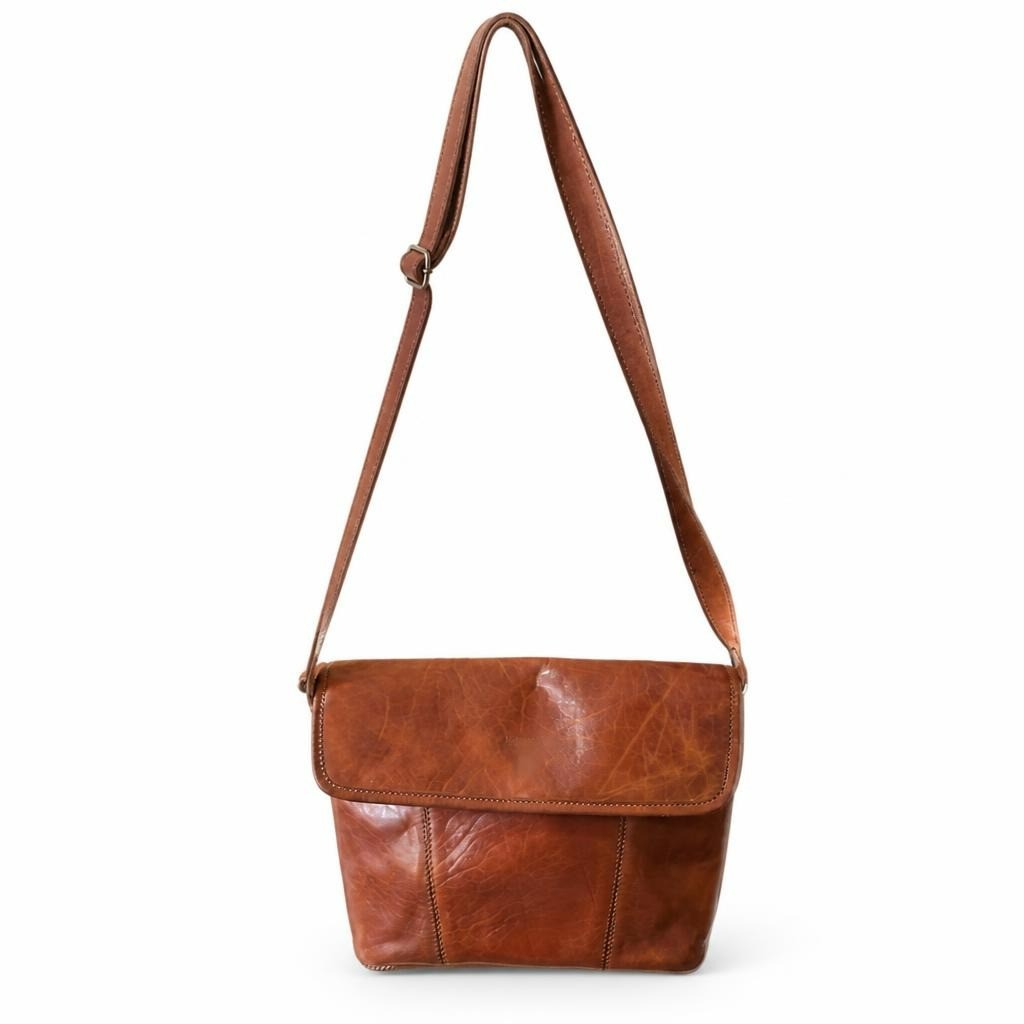 Brown leather crossbody messenger bag, tan strap - white studio shot, second-hand at Why Go Less, Dekwaneh, Lebanon