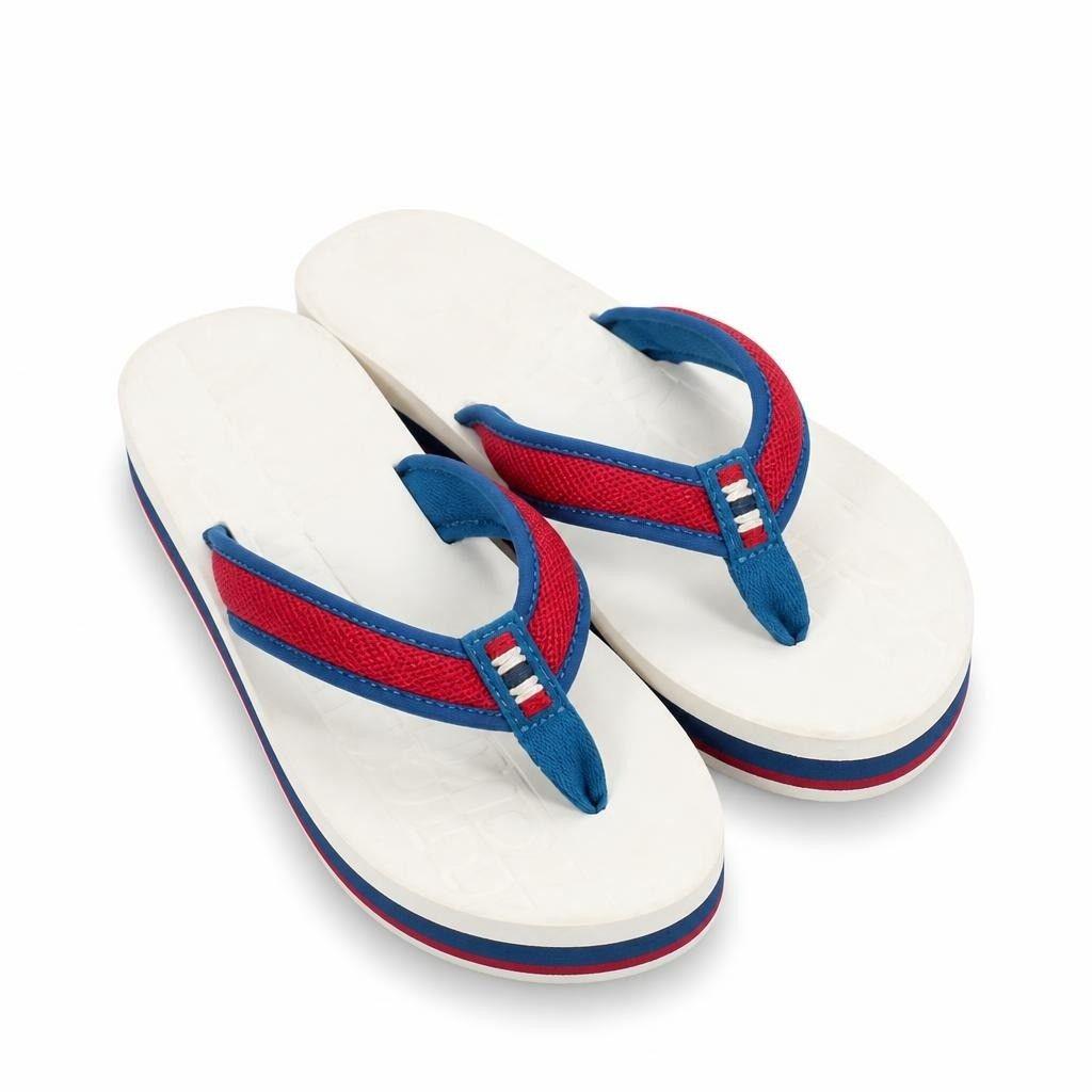 Gucci-style flip flops, white/red/blue, unisex - white studio shot, second-hand at Why Go Less, Dekwaneh, Lebanon