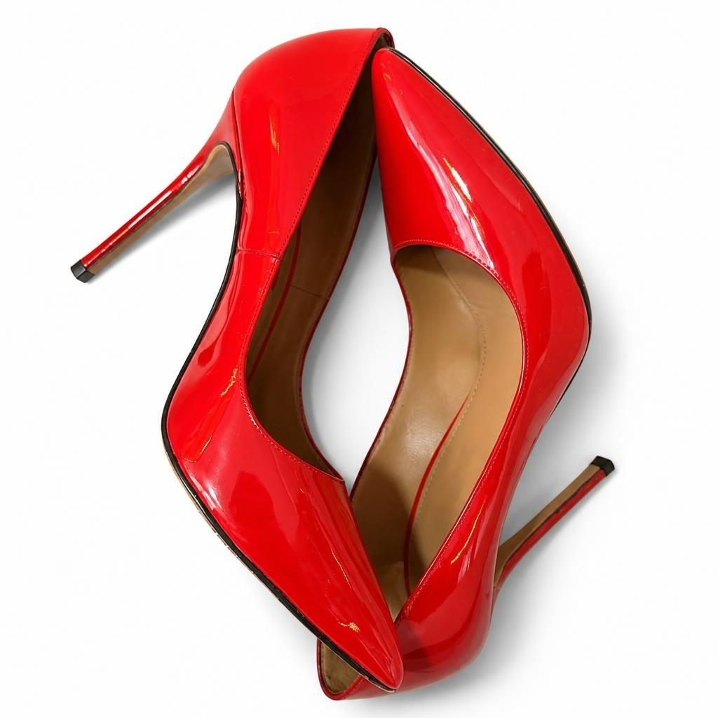 Pura Lopez red patent leather heels, women's - white studio shot, second-hand at Why Go Less, Dekwaneh, Lebanon