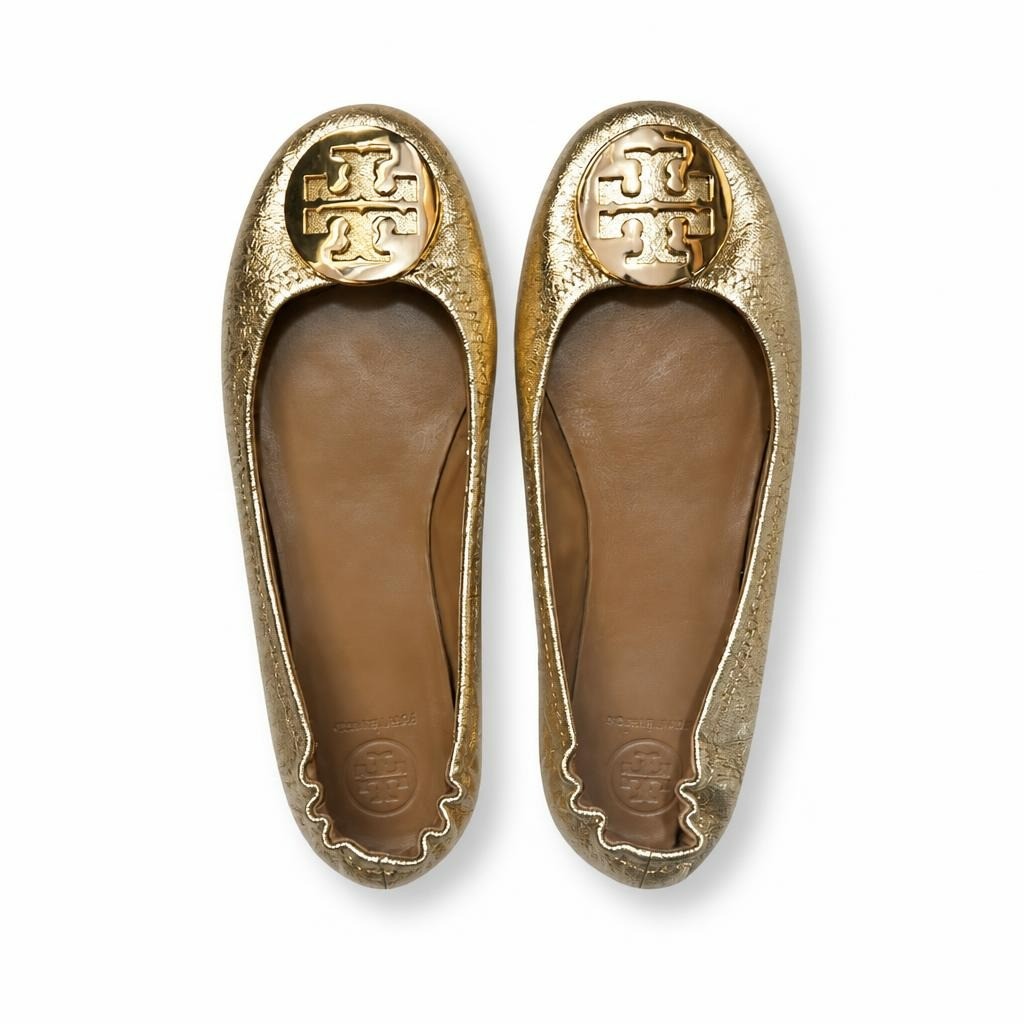 Tory Burch Reva gold metallic ballet flats - white studio shot, second-hand at Why Go Less, Dekwaneh, Lebanon