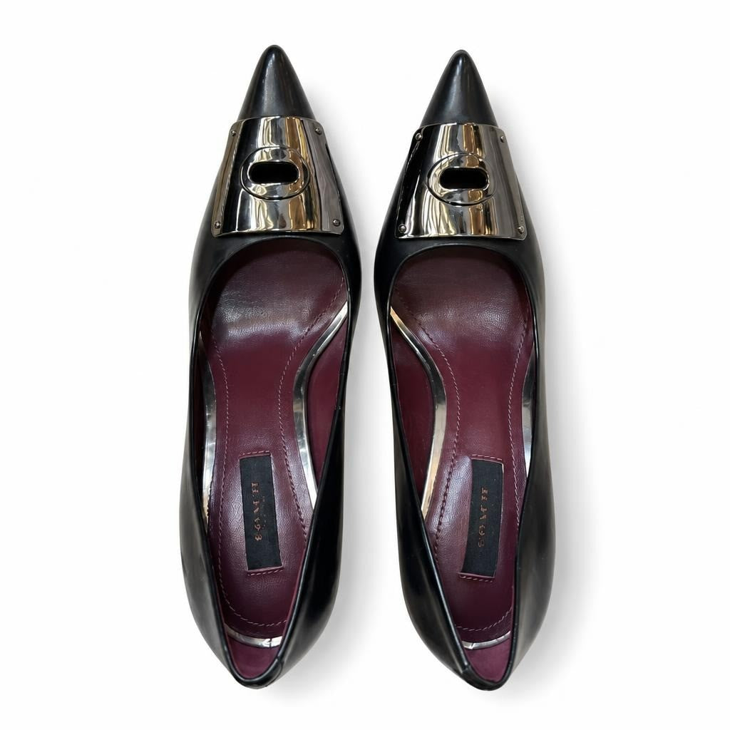 Coach black leather pointed-toe flats, gold hardware - white studio shot, second-hand at Why Go Less, Dekwaneh, Lebanon