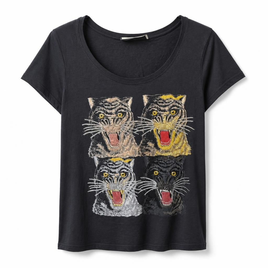 Black tiger graphic rhinestone tee, unbranded - white studio shot, second-hand at Why Go Less, Dekwaneh, Lebanon